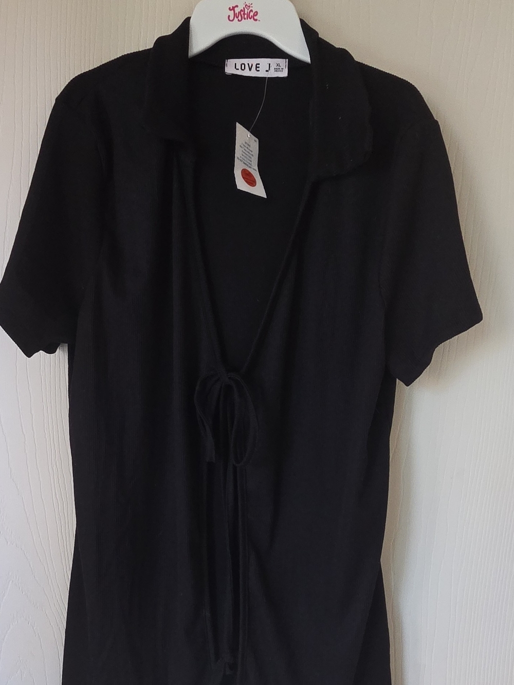 Love J  Black Ribbed Tie-Neck Short Sleeve Top
